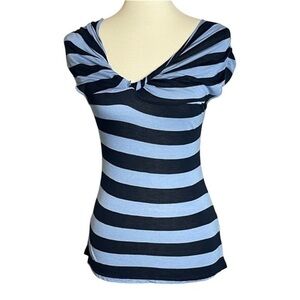 Deletta Anthropologie Twist Neck Striped Top XS Navy Blue Modal Cap Sleeve